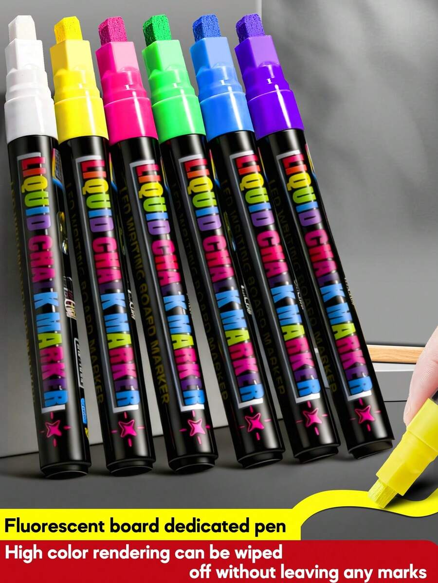 6/8pcs Liquid Chalk Markers, Neon Bright Fluorescent Erasable Chalk Pens For LED Writing Board, Chalkboard, Cafe Menu, Shop Window Graffiti, Party Decor, Smooth Writing Reusable Chalk Markers, Back To School - Multicolor - View 1