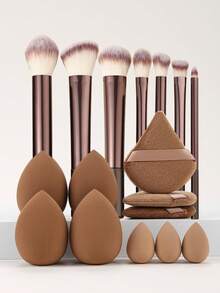 Set de 7 piezas/10 piezas/17 piezas de brochas de maquillaje marrones con borlas de polvo, brochas profesionales para base, rubor y sombras de ojos para principiantes - Marrón - Ver 1
