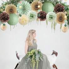 15 piezas Decoraciones de fiesta verde oliva y marrón Decoraciones de cumpleaños verde oliva beige marrón Bolas de flores de papel Linternas de papel Adecuado para fiesta de cumpleaños con tema verde oliva y marrón Despedida de soltera Boda Decoraciones interiores y exteriores - Colores mezclados - Ver 9