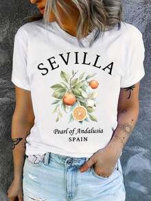 Camiseta de Mujer Blanca de Algodón con Estampado de Perla de Sevilla de Andalucía, Manga Corta, Cuello Redondo, Corte Regular - Blanco - Ver 1