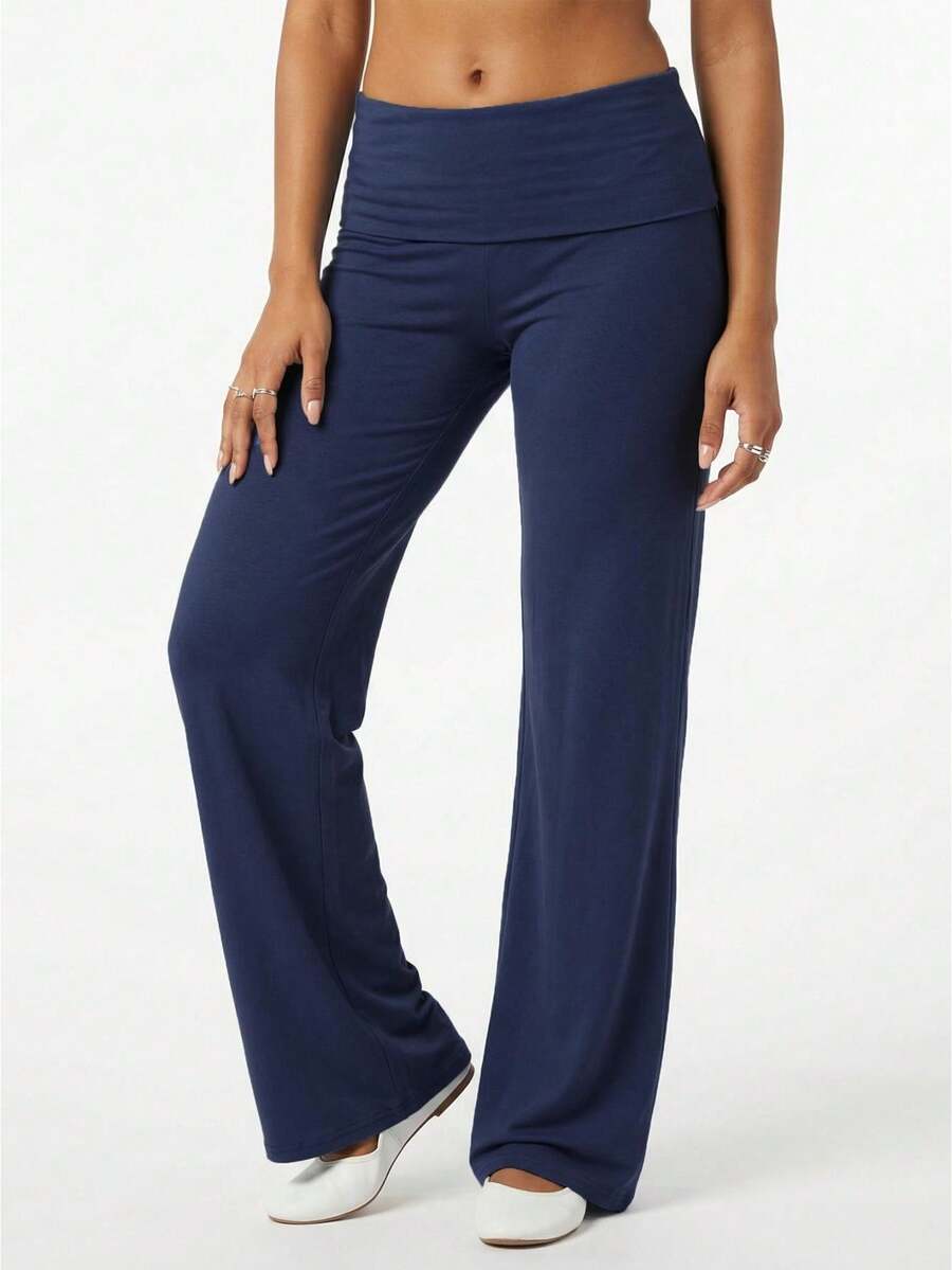Women's Spring Summer Baggy Pants Foldover Waist Solid Color Loose Wide Leg Pants - Blue - View 1