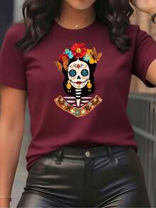 Camiseta versátil para mujer con estampado del Día de Muertos de Catrina, de manga corta y cuello redondo, en color rojo, con coloridas calaveras de Catrina, flores, mariposas y patrones tradicionales, perfecta para uso casual y celebraciones culturales. - Albaricoque - Ver 8