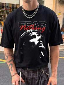 Soft And Comfortable Korean Style T-Shirt, Summer Casual Wear, Urban Casual Style With Religious Tattoo "Fear Nothing" Graphic Print Of Jesus Christ Slogan In Black, 100% Breathable Cotton - 黑色 - 查看 1
