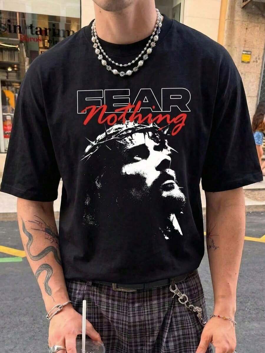 Soft And Comfortable Korean Style T-Shirt, Summer Casual Wear, Urban Casual Style With Religious Tattoo "Fear Nothing" Graphic Print Of Jesus Christ Slogan In Black, 100% Breathable Cotton - 黑色 - 查看 1