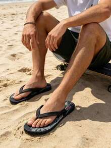 Men's Fashion Slippers With Coconut Tree & Letter Design, Casual Flip Flops For Beach, Party, Home & Outdoor, Summer - Black a - View 8