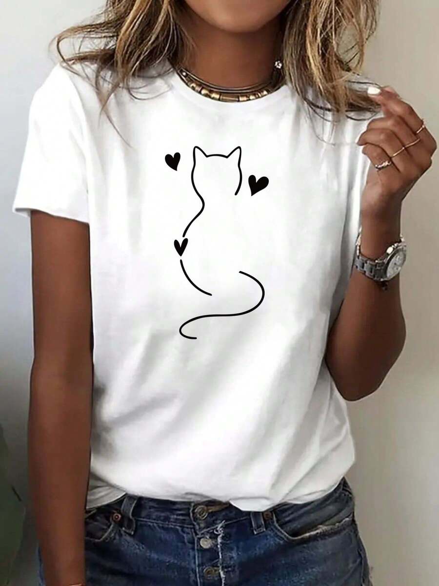 Camiseta de manga corta con estampado de gato y corazón de Wo'S |   Camiseta con Estampado de Gatito y Huella de Pata, Blusa Casual de Cuello Redondo para Primavera y Verano, Ropa Casual Cómoda y Lavable a Máquina - Camiseta de Manga Corta de Algodón, Estilo Vintage Urbano, Unisex, Corte Holgado. - Blanco - Ver 1
