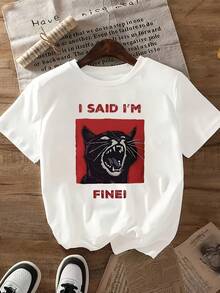 Women's Punk Rock Band Graphic T-Shirt - "I Said I'm Alright!" Black Cat Design, White Casual Short Sleeve Crew Neck T-Shirt, Lightweight For Spring And Summer, Casual Wear | Bold Graphic Design T-Shirt | Bold Style Clothing, Y2K Rock And Roll Festival T-Shirt, Y2K T-Shirt - 白色 - 查看 10
