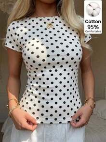Camiseta de manga corta casual minimalista y sexy con hombros descubiertos a rayas rosa y gris, adecuada para primavera/verano.Las rayas rosa y gris te hacen ver talla grande blanca de piel. - Multicolor 3 - Ver 1