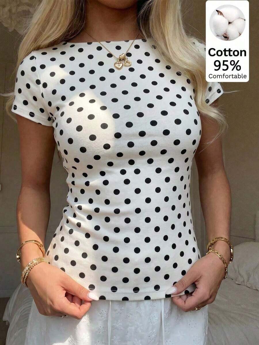 Camiseta de manga corta casual minimalista y sexy con hombros descubiertos a rayas rosa y gris, adecuada para primavera/verano.Las rayas rosa y gris te hacen ver talla grande blanca de piel. - Multicolor 3 - Ver 1