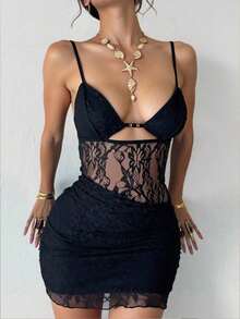 Nuevo vestido camisero romántico y sexy con cuello en pico, contraste de malla brillante y shorts, mini vestido anti-destellos - Negro 3 - Ver 7