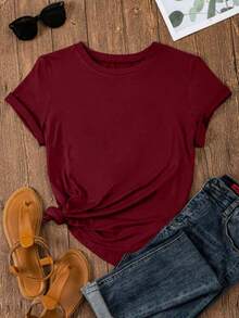 Women's Short-Sleeved, Round-Neck T-Shirt With Moon Print - 酒紅色 - 查看 4