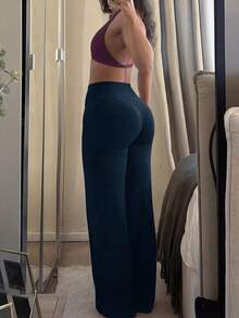 1 Pair Women's Solid Color Loose Yoga Wide Leg Pants, Comfortable Fitted Versatile, Suitable For Running, Fitness And Yoga Spring - Navy Blue - View 5