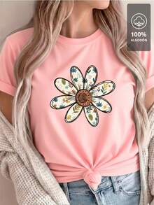 100% Cotton T-Shirt With Multicolor Floral Mandala - Rose - View 7