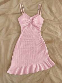 Vestido mini ajustado con cintura ceñida, bajo con volantes y giro asimétrico en el pecho, tejido en rojo, adecuado para vacaciones, citas, té de la tarde, vacaciones, festivales de música, estilo bohemio - Rosa - Ver 3