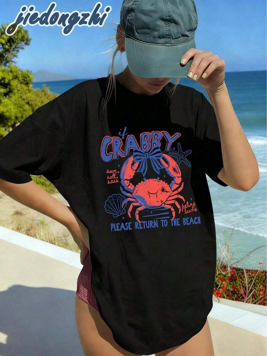 Si Crabby Por Favor Regrese A La Playa, Camisetas Gráficas De Cangrejo Para Mujer, Tops De Verano, Ropa De Vacaciones Para Mujer, Camisetas Casuales De Playa, Camiseta Divertida Con Estampado De Cangrejo, Ropa De Verano Para Mujer - Negro - Ver 1
