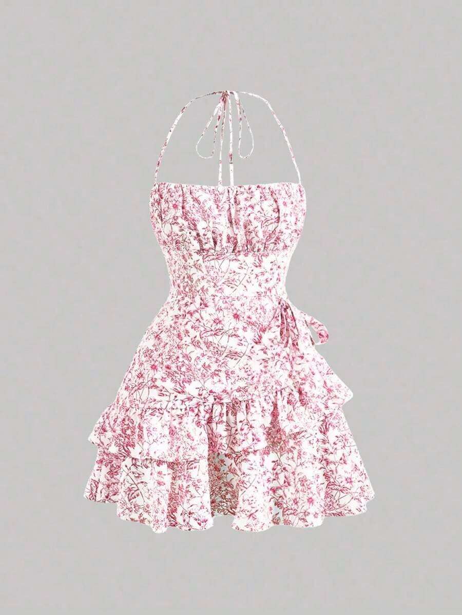 Vestido con estampado floral, cuello halter y bajo asimétrico con adornos - Rosa - Ver 1