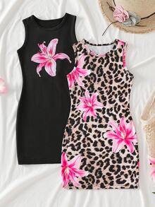 2pcs/Set Young Girls' Summer New Fashionable Versatile Floral & Leopard Print Sleeveless Round Neck Fitted Dress, Suitable For Outdoor Wear - Black - View 2