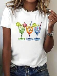 T-Shirt With Watercolor Cocktail Glass And Pickleball Print, Casual Short Sleeve Round Neck Top, Women's Spring/Summer Clothing, Pure Cotton Print T-Shirt For Women. - 白色 - 查看 7