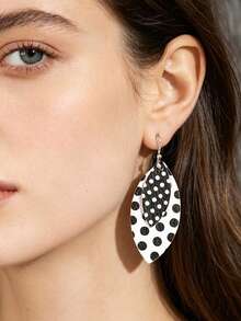 1 Pair Black & White Polka Dot Double-Layer Leather Earrings, Retro Hong Kong Style Fashion Versatile Long PU Leather Earrings - Black and White - View 3