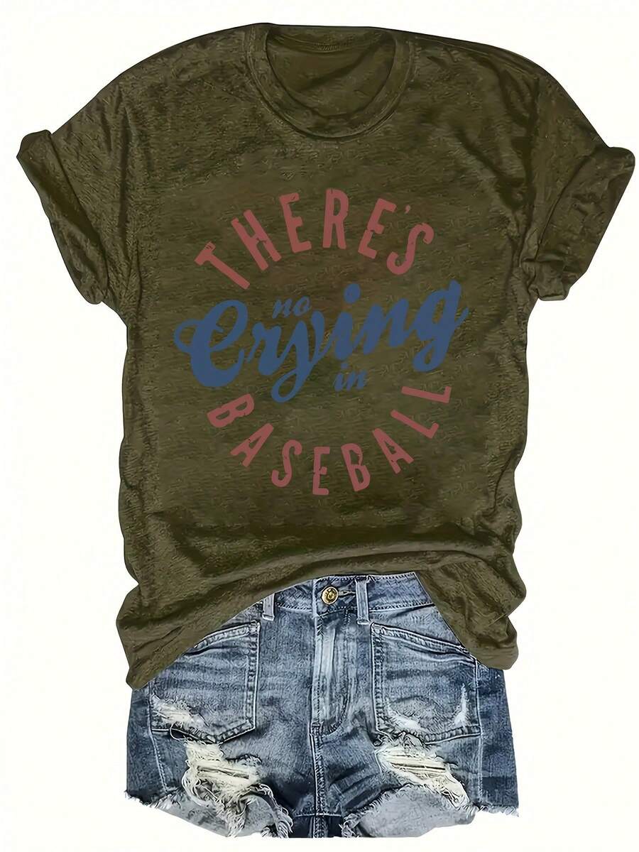 Women's Plus Size Graphic T-Shirt With The Phrase "No Regrets In Baseball" - Casual Crew Neck, Short Sleeve, Soft Fabric, Perfect For Autumn And Winter, Baseball Fan Clothing | Funny Letter T-Shirt | Soft Fabric T-Shirt - Olive - 查看 1