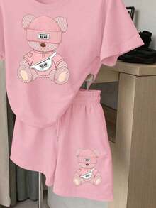 Conjunto informal de 2 piezas con estampado de limón y rayas, adecuado para uso diario - Rosa Pálido - Ver 3