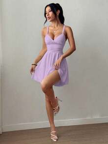 Vestido corto de punto sexy y elegante con escote en V, cintura fruncida y tirantes finos para mujer - Púrpura malva - Ver 5