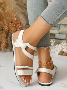 Women's Woven Strap Decor Flat Sandals, Casual Hook And Loop Sandals - White - View 7