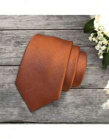 Men's Striped Tie In A Solid Color With A Quality Texture, Essential For Weddings, Business, And Formal Occasions. - Naranja Quemada - Ver 2