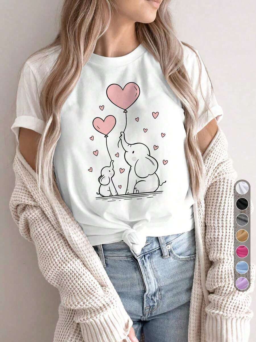Women's Casual Sports T-Shirt, Round Neck, Elephant And Puppy Design With Heart Balloons, Gift For Mother, Gift For Fathers, Mother's Day Theme, Warm Animal Design, Elephant, Comfortable Top For All Seasons, Soft - 白色 - 查看 1