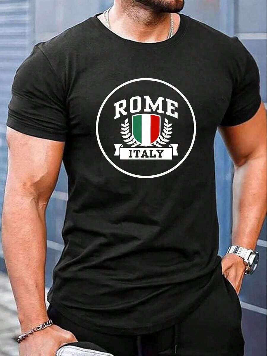 Casual Streetwear T-Shirt For Big And Tall - Short Sleeve Crew Neck, Letter Print And Logo Design, For Spring Summer Autumn, Casual Wear, Sizes (Comfortable Fit, Easy Care) - Product Name In Chinese: PLUS SIZE - 黑色 - 查看 1