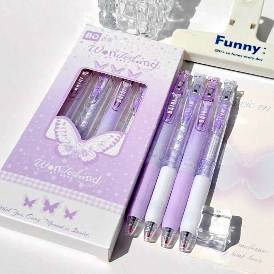 4 chiếc bút bi bấm nút hình bướm màu tím huyền ảo, vỏ trong suốt chuyển màu ombre, bút mực đen trơn chất lượng cao dành cho nữ sinh, dụng cụ học tập. - Xứ sở sương mù tím - Xem 1