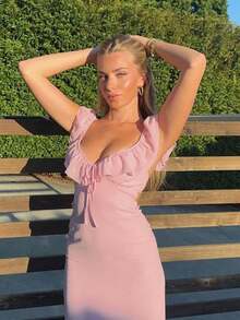 Fashionable Fitted Dress For Women With Sexy Ruffles And Laces - Pink - View 2