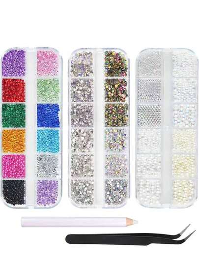 12 Colors AB Crystal Pearl Nail Rhinestones, Multi-Size Nail Gems With Pickup Pen & Tweezers, Suitable For Nail Art Decoration, Eye Makeup And Phone Case DIY