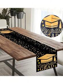 1pc 71x14 Inch Black & Gold Graduation Table Runner - 2026 Graduation Theme, Stars & Graduation Cap Design, Party Tablecloth For Graduation Party Decor, Indoor Outdoor Events, Graduation Ceremony Table Decoration - Multiple Styles - View 1