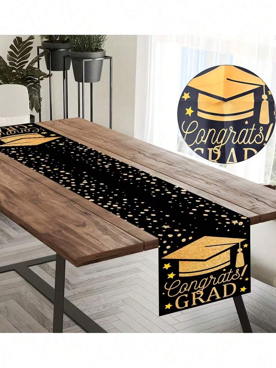 1pc 71x14 Inch Black & Gold Graduation Table Runner - 2026 Graduation Theme, Stars & Graduation Cap Design, Party Tablecloth For Graduation Party Decor, Indoor Outdoor Events, Graduation Ceremony Table Decoration - Multiple Styles - View 1