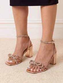 Women Bow Knot Rhinestone Chunky High Heeled Sandals Fashion Open Toe Slingback With Ankle Buckle High Heeled Sandals Comfortable Dress Summer Shoes For Wedding Party Bridal Prom - 香檳色 - 查看 2