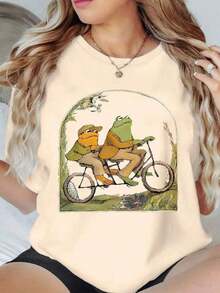 GiftGiftGiftGiftCamiseta de Cuello Redondo con Estampado de Rana de Dibujos Animados Vibrante - Tejido de Poliéster Suave con Microelasticidad, Largo Regular, Camiseta Casual de Manga Corta para Primavera y Verano, Ropa de Moda para Mujer con Estampado Posicionado. SuaveSuave - Albaricoque - Ver 3