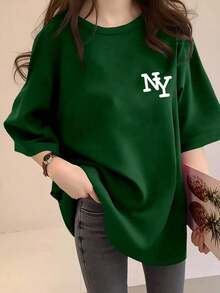 Camiseta de manga corta con cuello redondo y estampado de letras LOVE, diseño holgado, para mujer, de la colección Black Artist Collaboration, top casual de verano, diseño elegante y cómodo, adecuada para salidas informales. 100% algodón. - Verde - Ver 6