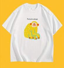 Camiseta de cuello redondo con diseño creativo y divertido de dibujos animados, de algodón puro, estilo casual de verano, manga corta, estilo vintage urbano, unisex, holgada, de algodón, con cuello redondo y manga corta. - Blanco - Ver 1