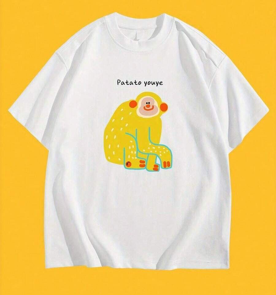 Camiseta de cuello redondo con diseño creativo y divertido de dibujos animados, de algodón puro, estilo casual de verano, manga corta, estilo vintage urbano, unisex, holgada, de algodón, con cuello redondo y manga corta. - Blanco - Ver 1
