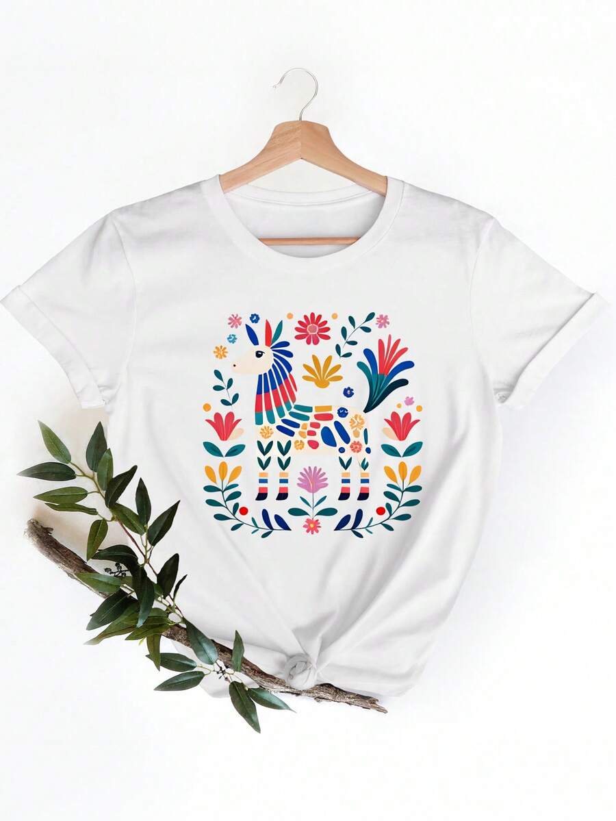 Camiseta de moda de mujeres blanca frontal impresión colorida llama y patrón floral cómodo desgaste casual para uso diario
