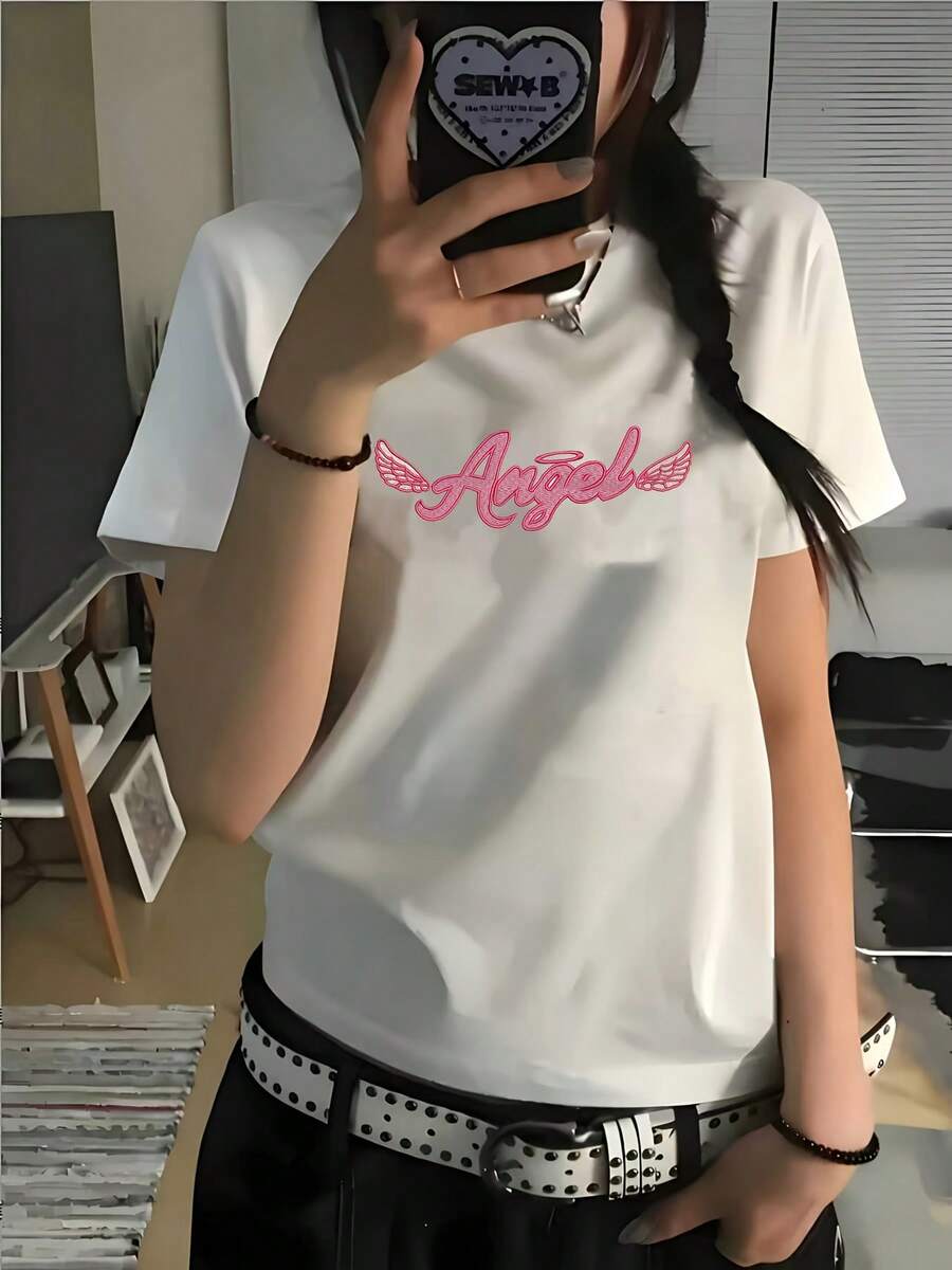 Imprimir alfabeto camiseta de manga corta-tela de aodón casual mujeres cómodas moda verano elección esencial mujeres camiseta de manga completa bordado camiseta ropa de clima cálido uso diario moda superior luz de punto textura suave impresión camiseta joven nueva g entrega de productos de las mujeres en el alén local mujeres ropa de Navidad mujeres regalos hermosa camiseta de las mujeres patrón superior  de despacho de camiseta