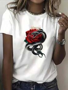 Camiseta gráfica con un diseño de rosa de serpiente mística. Camiseta de cuello de tulación blanco de manga corta de las mujeres para eerano, hecha de tela informal transpirable - Blanco - Ver 2