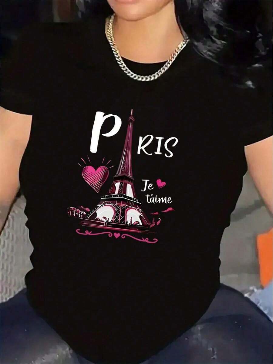 Corto Manga Camiseta Para Mujeres Con características destacadas París Eiffel Torre Diseño, Hecho De Duradero Poliéster Fibra, Perfecto Para Informal Desgaste En Inicio O Comedor Fuera, Ligero Y Cómodo, Ideal Para Todos los días Uso-Vintage Calle Estilo Unisexo Suelto Algodón Corto Manga Tripulación Cuello Camiseta 100% algodón puro - Negro - Ver 1