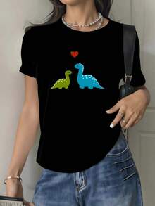 Two Adorable Colorful Dinosaurs Gazing At Each Other With A Red Heart Symbolize Tenderness And Eternal Love. Women's T-Shirt, 100% Soft And Comfortable Cotton, Perfect For Everyday Wear. Y2k T-Shirt Shirt - 黑色 - 查看 10