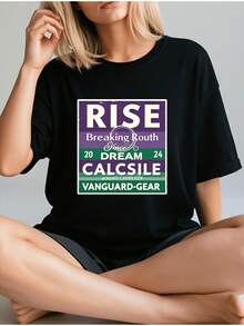 Camiseta Casual de Cuello Redondo para Mujer con Estampado Rise Dream Calcsile, Diseño Morado y Verde, Material de Poliéster para Uso Diario y Celebraciones - Negro - Ver 1