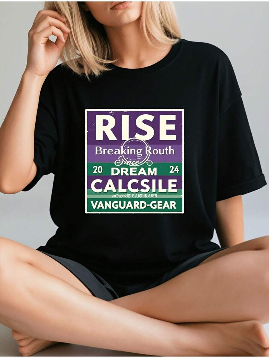 Camiseta Casual de Cuello Redondo para Mujer con Estampado Rise Dream Calcsile, Diseño Morado y Verde, Material de Poliéster para Uso Diario y Celebraciones - Negro - Ver 1