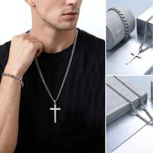 Silver Cross Cuban Chain Jewelry Set - Men's Stainless Steel Necklace And Bracelet - Multicolor - View 3