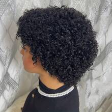 Glueless Human Hair Wig Short Pixie Cut With Bangs - Black Curly Wavy Bob, 180% Density Rose Net Cap, Perfect For Daily Wear & Party & Holiday, 6 Inch Instant Hairstyle With Volume - Natural Black - View 5