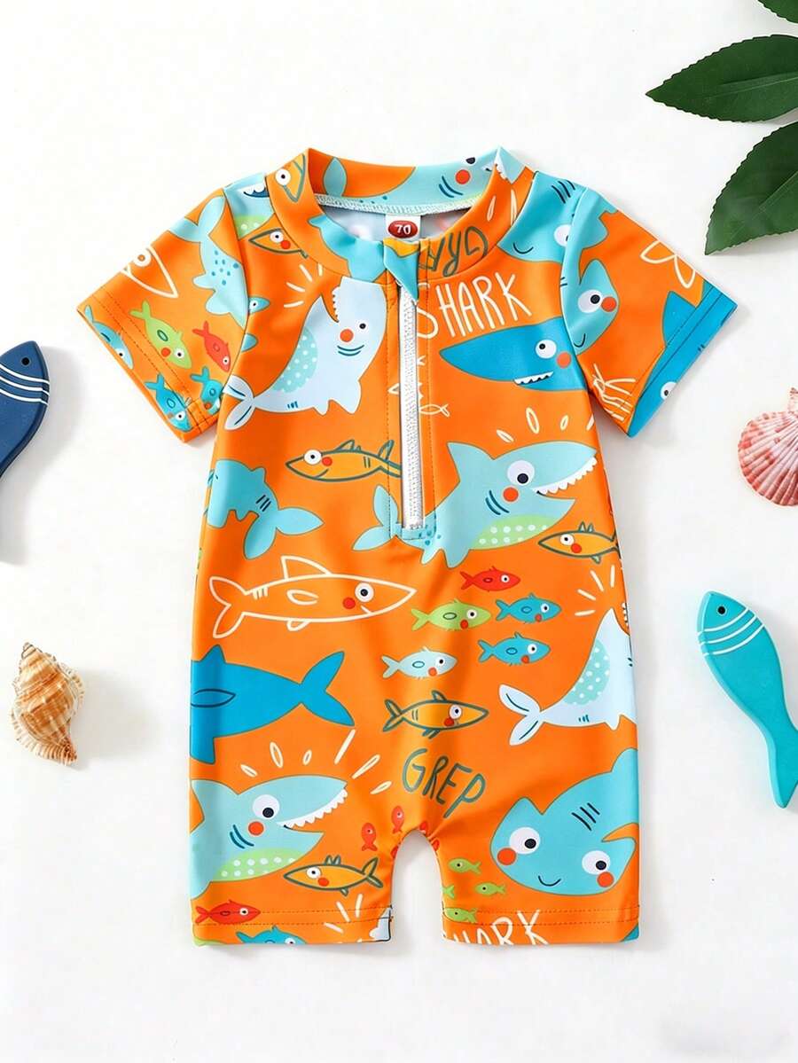 New Baby & Toddler One-Piece Animal Print Swimsuit, Quick-Dry Swimwear, Protective Rash Guard For Summer - Orange - View 1